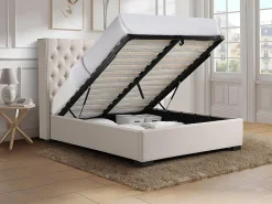 Lit coffre 160 x 200 cm avec tête de lit capitonnée - Tissu - Beige - MASSIMO II><noscript><img width=