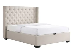 Lit coffre 160 x 200 cm avec tête de lit capitonnée - Tissu - Beige - MASSIMO II><noscript><img width=