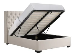 Lit coffre 160 x 200 cm avec tête de lit capitonnée - Tissu - Beige - MASSIMO II><noscript><img width=