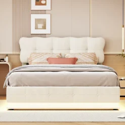 Fortuna lai Lit Coffre 160 x 200 cm, Lit Double avec Éclairage LED, Lit Capitonné avec Rangement et Tete de lit,Velours Beige* Lit Coffre