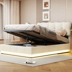 Fortuna lai Lit Coffre 160 x 200 cm, Lit Double avec Éclairage LED, Lit Capitonné avec Rangement et Tete de lit,Velours Beige* Lit Coffre