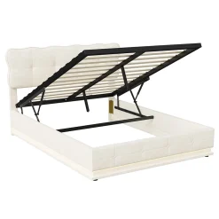 Fortuna lai Lit Coffre 160 x 200 cm, Lit Double avec Éclairage LED, Lit Capitonné avec Rangement et Tete de lit,Velours Beige* Lit Coffre