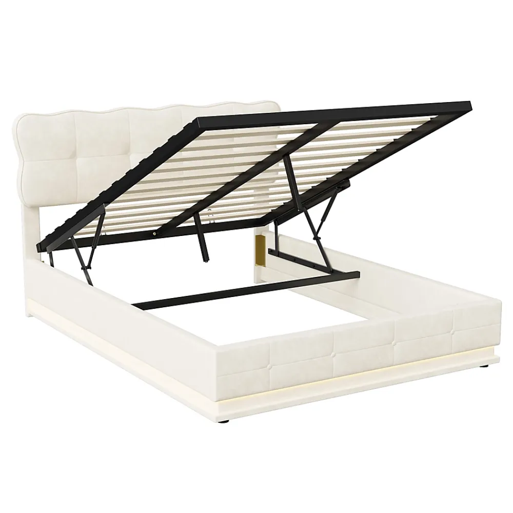 Fortuna lai Lit Coffre 160 x 200 cm, Lit Double avec Éclairage LED, Lit Capitonné avec Rangement et Tete de lit,Velours Beige* Lit Coffre