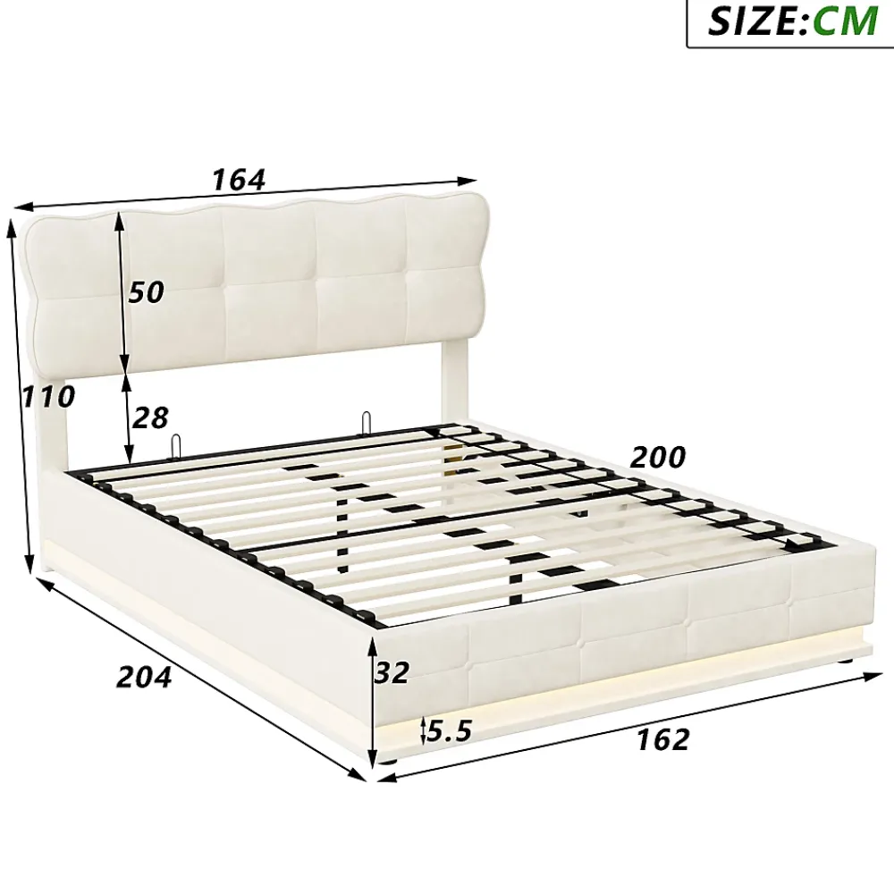 Fortuna lai Lit Coffre 160 x 200 cm, Lit Double avec Éclairage LED, Lit Capitonné avec Rangement et Tete de lit,Velours Beige* Lit Coffre