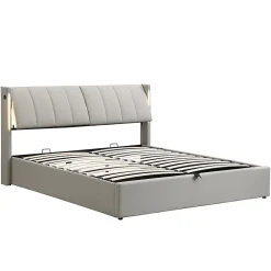 Gutent Lit coffre 160 x 200 cm,lit hydraulique,Lit rembourré, avec espace de rangement, tête de lit réglable,PU,gris* Lit Coffre