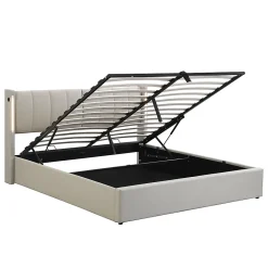 Gutent Lit coffre 140 x 190 cm,Lit rembourré,lit hydraulique,avec éclairage LED, avec espace de rangement,PU, gris* Lit Coffre
