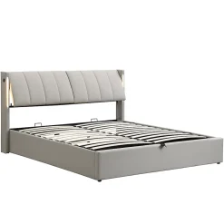 Gutent Lit coffre 140 x 190 cm,Lit rembourré,lit hydraulique,avec éclairage LED, avec espace de rangement,PU, gris* Lit Coffre