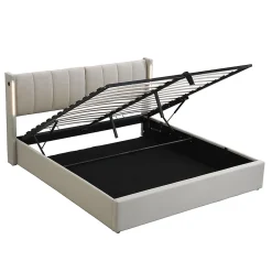 Gutent Lit coffre 140 x 190 cm,Lit rembourré,lit hydraulique,avec éclairage LED, avec espace de rangement,PU, gris* Lit Coffre