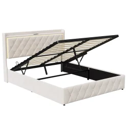 Generique lit coffre 160 x 200,lit double 160 x 200 avec sommier,Tête de lit avec chargement USB et lumières LED réglables,velours,Beige* Lit Coffre