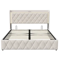 Generique lit coffre 160 x 200,lit double 160 x 200 avec sommier,Tête de lit avec chargement USB et lumières LED réglables,velours,Beige* Lit Coffre