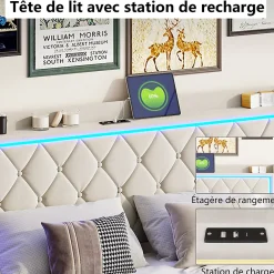 Generique lit coffre 160 x 200,lit double 160 x 200 avec sommier,Tête de lit avec chargement USB et lumières LED réglables,velours,Beige* Lit Coffre