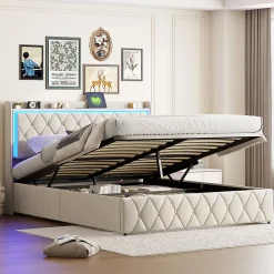 Generique lit coffre 160 x 200,lit double 160 x 200 avec sommier,Tête de lit avec chargement USB et lumières LED réglables,velours,Beige* Lit Coffre