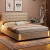 lit coffre 140 x 200,lit rembourré double avec levier hydraulique,Lumières LED au bout du lit,velours,Beige>Generique