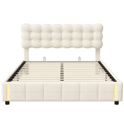 lit coffre 140 x 200,lit rembourré double avec levier hydraulique,Lumières LED au bout du lit,velours,Beige><noscript><img width=