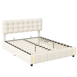 lit coffre 140 x 200,lit rembourré double avec levier hydraulique,Lumières LED au bout du lit,velours,Beige><noscript><img width=
