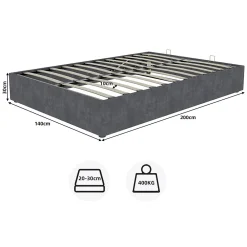 Lit Coffre Ado 140x200 cm - Lit Double Avec Vérins Hydrauliques, Bas et Moderne, Sans Tête de Lit, Sans Matelas, Velours Gris><noscript><img width=