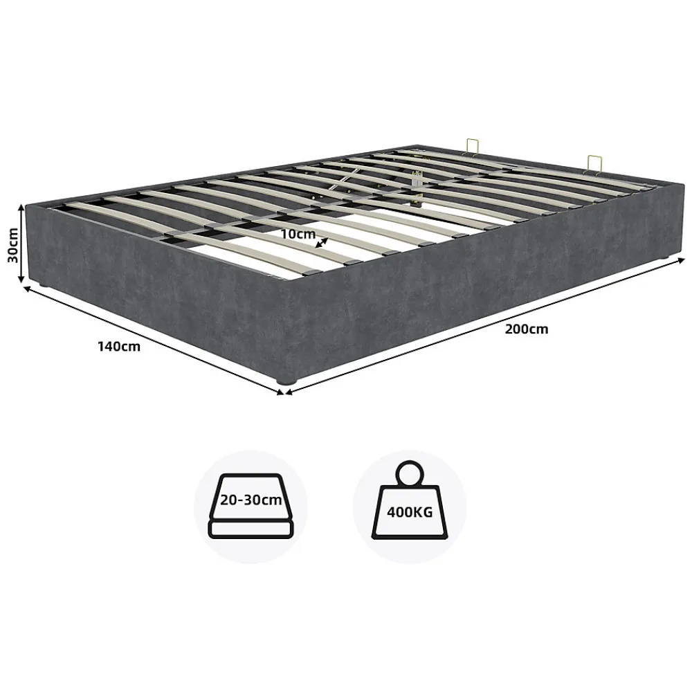 Lit Coffre Ado 140x200 cm - Lit Double Avec Vérins Hydrauliques, Bas et Moderne, Sans Tête de Lit, Sans Matelas, Velours Gris>Okwish New