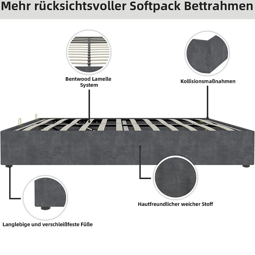 Lit Coffre Ado 140x200 cm - Lit Double Avec Vérins Hydrauliques, Bas et Moderne, Sans Tête de Lit, Sans Matelas, Velours Gris>Okwish New