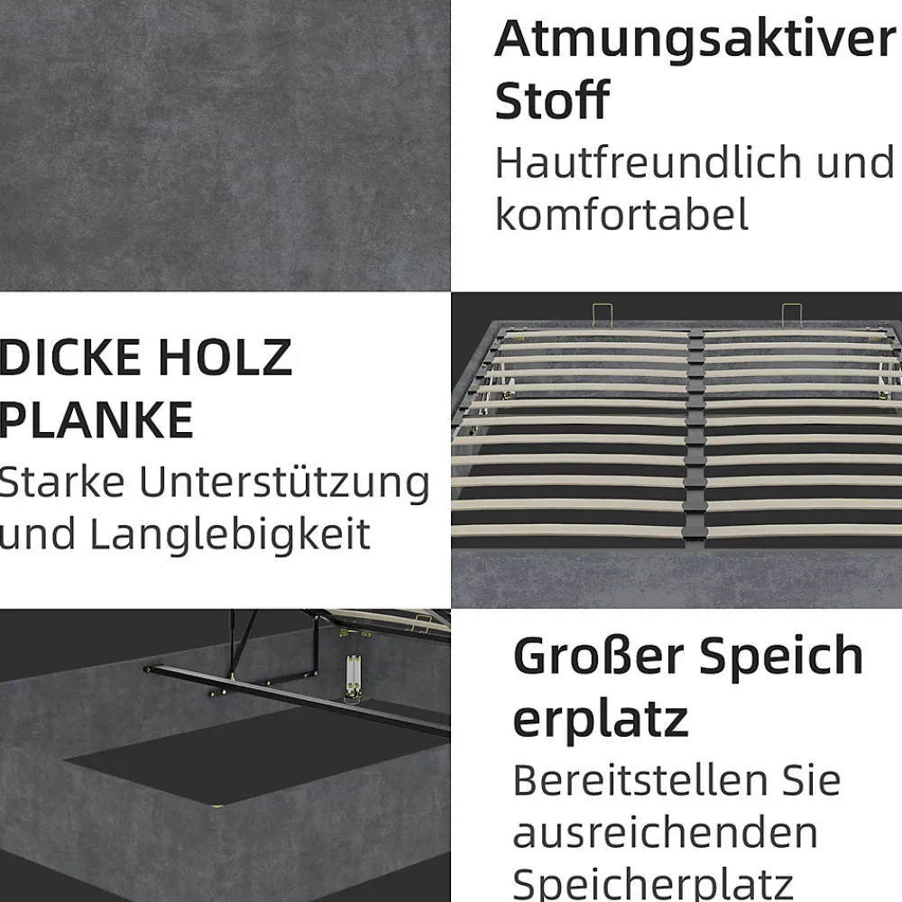 Lit Coffre Ado 140x200 cm - Lit Double Avec Vérins Hydrauliques, Bas et Moderne, Sans Tête de Lit, Sans Matelas, Velours Gris>Okwish New