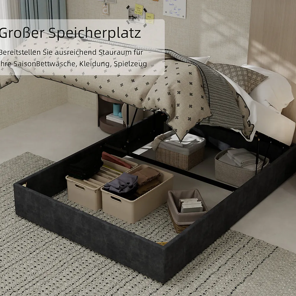 Lit Coffre Ado 140x200 cm - Lit Double Avec Vérins Hydrauliques, Bas et Moderne, Sans Tête de Lit, Sans Matelas, Velours Gris>Okwish New