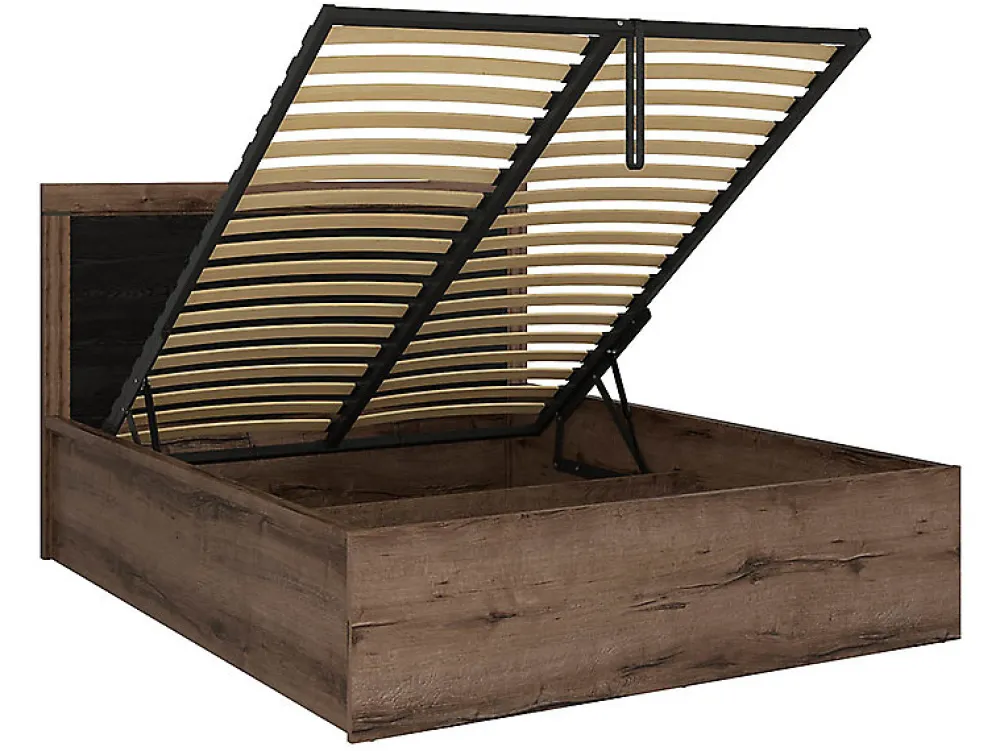 Lit coffre adulte 2 places 140x200 avec cadre sommier et rangement, coloris Chêne marron foncé/Chêne noir>Pegane Clearance