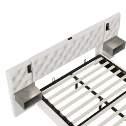 Fortuna lai Lit Coffre Adulte 140x200 Cm Avec Tête De Lit, Liseuse, Port USB, 2 Tables De Chevet, Velours, Blanc* Lit Coffre