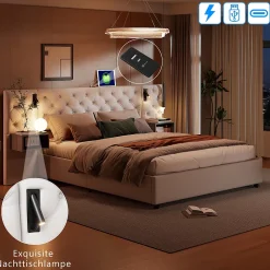 Fortuna lai Lit Coffre Adulte 140x200 Cm Avec Tête De Lit, Liseuse, Port USB, 2 Tables De Chevet, Velours, Blanc* Lit Coffre