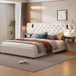 Fortuna lai Lit Coffre Adulte 140x200 Cm Avec Tête De Lit, Liseuse, Port USB, 2 Tables De Chevet, Velours, Blanc* Lit Coffre
