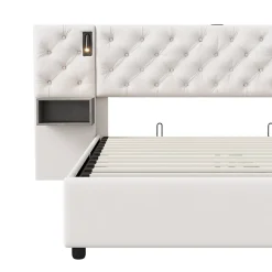 Fortuna lai Lit Coffre Adulte 140x200 Cm Avec Tête De Lit, Liseuse, Port USB, 2 Tables De Chevet, Velours, Blanc* Lit Coffre
