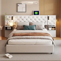 Fortuna lai Lit Coffre Adulte 140x200 Cm Avec Tête De Lit, Liseuse, Port USB, 2 Tables De Chevet, Velours, Blanc* Lit Coffre