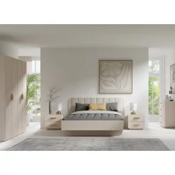 Lit coffre AMALIE 160x200 cm Tete tapissée tissu beige Sommier inclus Matelas non inclus><noscript><img width=