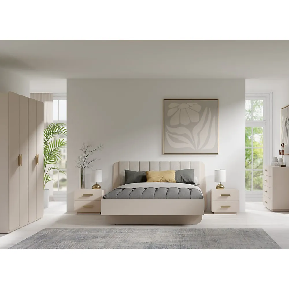 Lit coffre AMALIE 160x200 cm Tete tapissée tissu beige Sommier inclus Matelas non inclus>Meublorama Discount