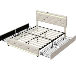ProximaX Lit coffre avec 4 tiroirs, LED multicolores et port USB, 140x190 cm, Velours blanc cassé design moderne* Lit Coffre