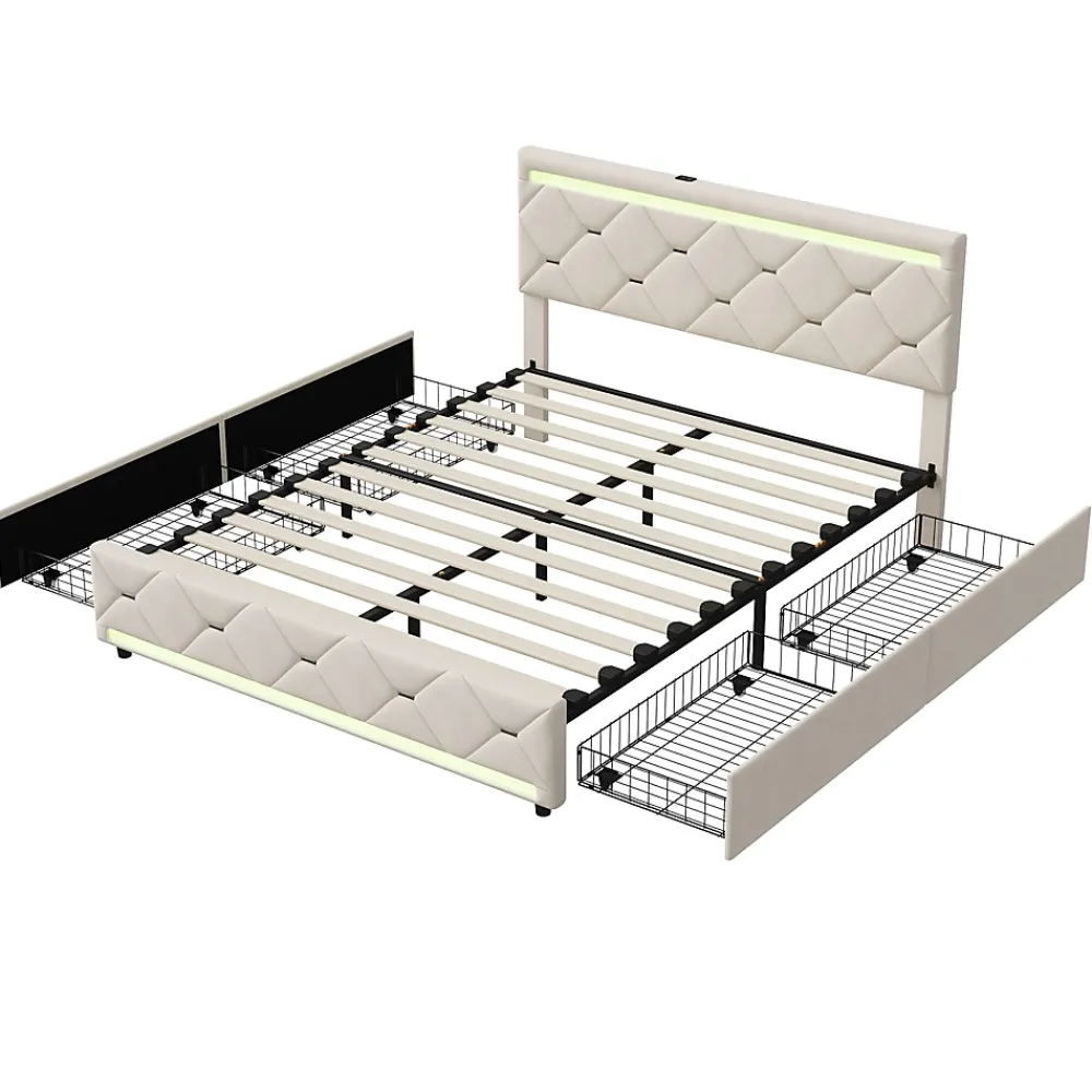 ProximaX Lit coffre avec 4 tiroirs, LED multicolores et port USB, 140x190 cm, Velours blanc cassé design moderne* Lit Coffre