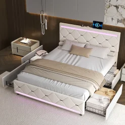 ProximaX Lit coffre avec 4 tiroirs, LED multicolores et port USB, 140x190 cm, Velours blanc cassé design moderne* Lit Coffre