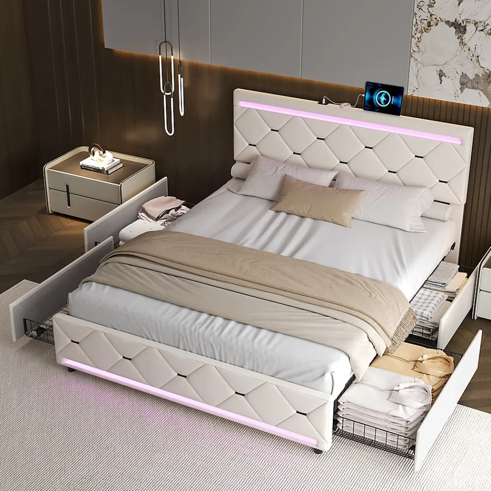 ProximaX Lit coffre avec 4 tiroirs, LED multicolores et port USB, 140x190 cm, Velours blanc cassé design moderne* Lit Coffre