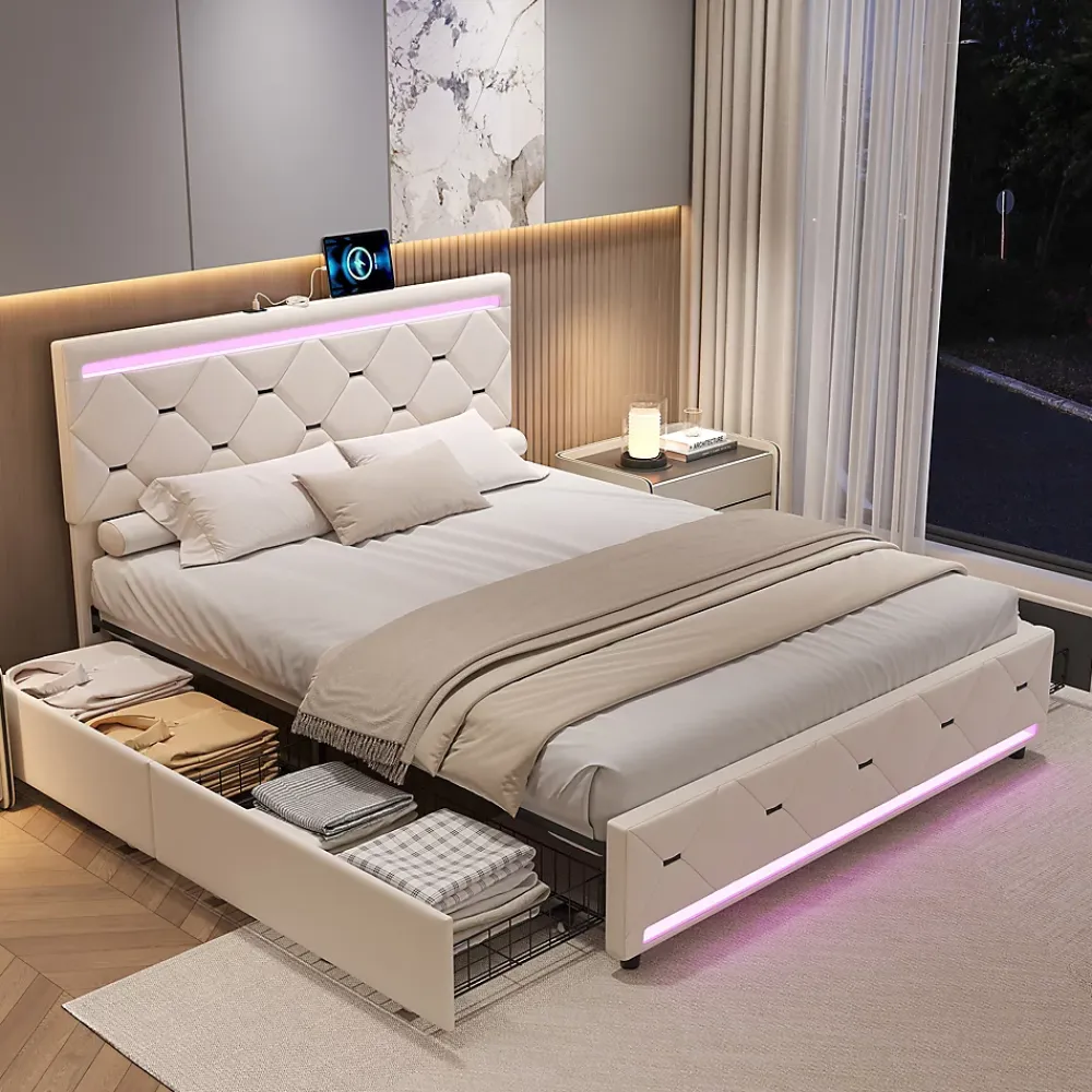 ProximaX Lit coffre avec 4 tiroirs, LED multicolores et port USB, 140x190 cm, Velours blanc cassé design moderne* Lit Coffre