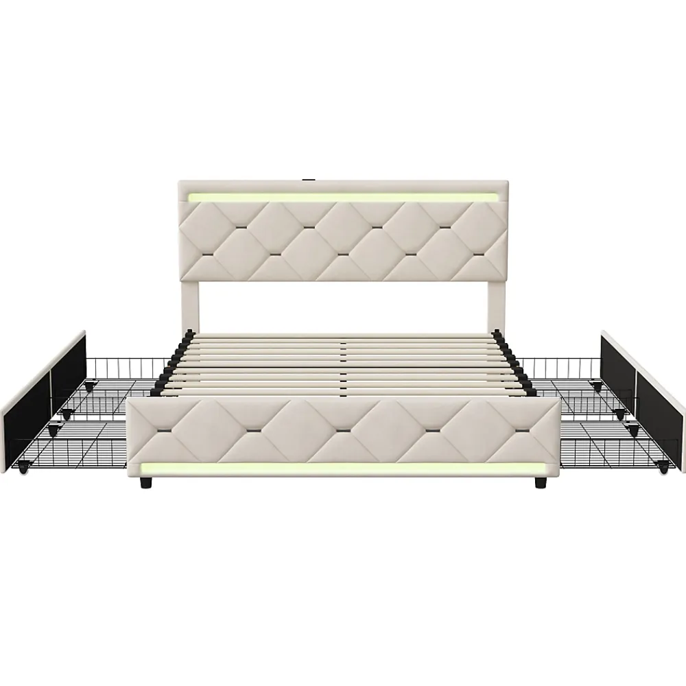 ProximaX Lit coffre avec 4 tiroirs, LED multicolores et port USB, 140x190 cm, Velours blanc cassé design moderne* Lit Coffre