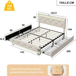 ProximaX Lit coffre avec 4 tiroirs, LED multicolores et port USB, 140x190 cm, Velours blanc cassé design moderne* Lit Coffre