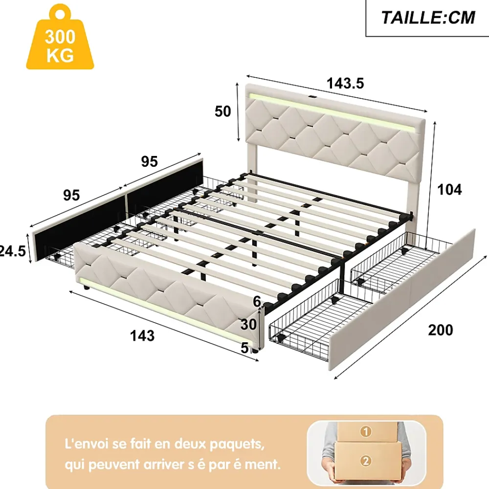 ProximaX Lit coffre avec 4 tiroirs, LED multicolores et port USB, 140x190 cm, Velours blanc cassé design moderne* Lit Coffre