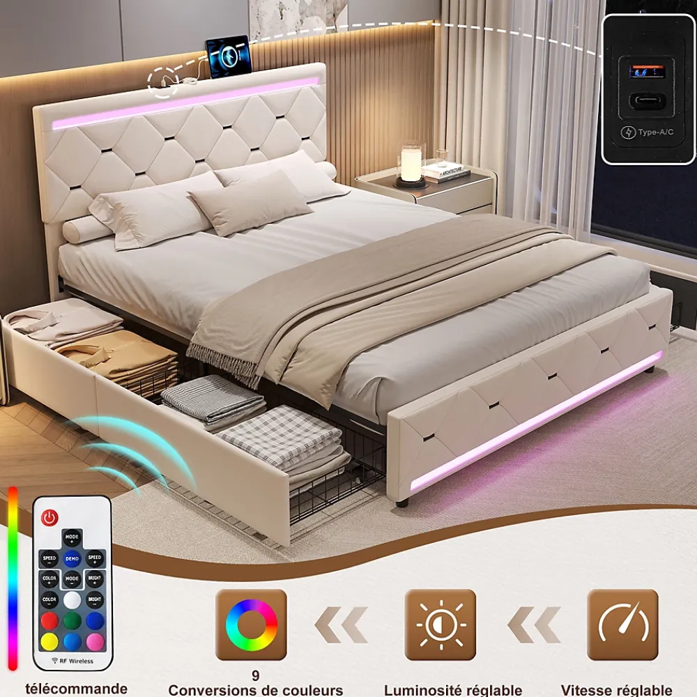 ProximaX Lit coffre avec 4 tiroirs, LED multicolores et port USB, 140x190 cm, Velours blanc cassé design moderne* Lit Coffre