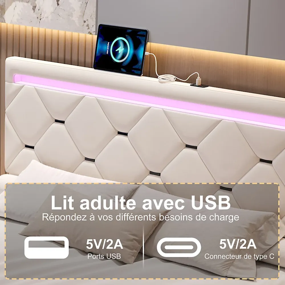 ProximaX Lit coffre avec 4 tiroirs, LED multicolores et port USB, 140x190 cm, Velours blanc cassé design moderne* Lit Coffre
