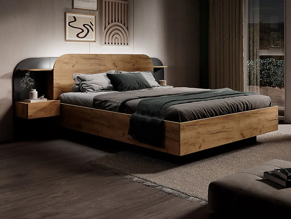 Lit coffre avec chevets 160 x 200 cm - Avec LEDs - Coloris : Naturel et noir + Matelas - JUVISIA>Vente-unique Online
