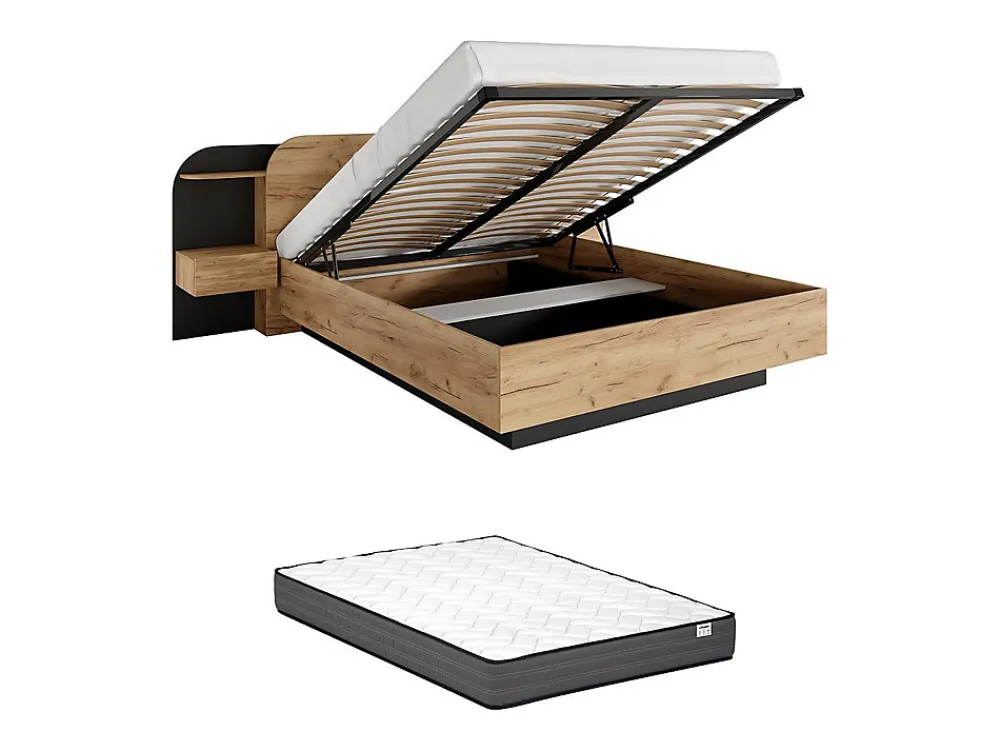 Lit coffre avec chevets 160 x 200 cm - Avec LEDs - Coloris : Naturel et noir + Matelas - JUVISIA>Vente-unique Online