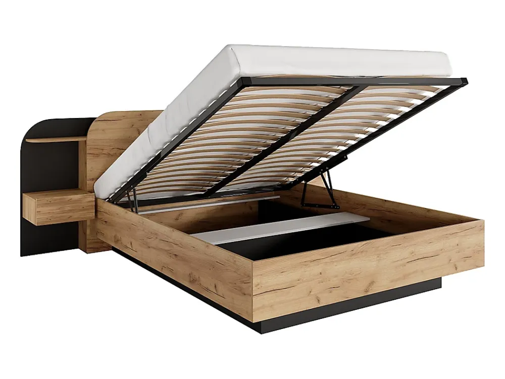 Vente-unique Lit coffre avec chevets 160 x 200 cm - Avec LEDs - Coloris : Naturel et noir - JUVISIA* Lit Coffre