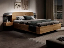 Vente-unique Lit coffre avec chevets 160 x 200 cm - Avec LEDs - Coloris : Naturel et noir - JUVISIA* Lit Coffre