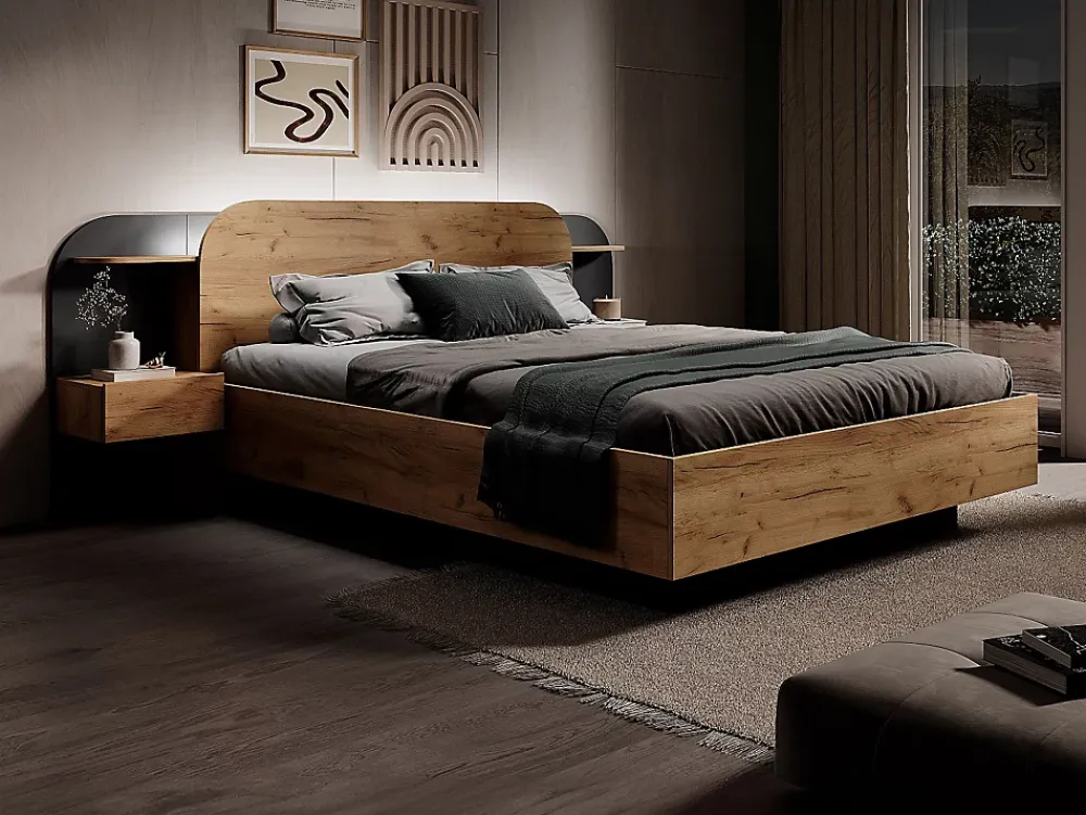 Vente-unique Lit coffre avec chevets 160 x 200 cm - Avec LEDs - Coloris : Naturel et noir - JUVISIA* Lit Coffre