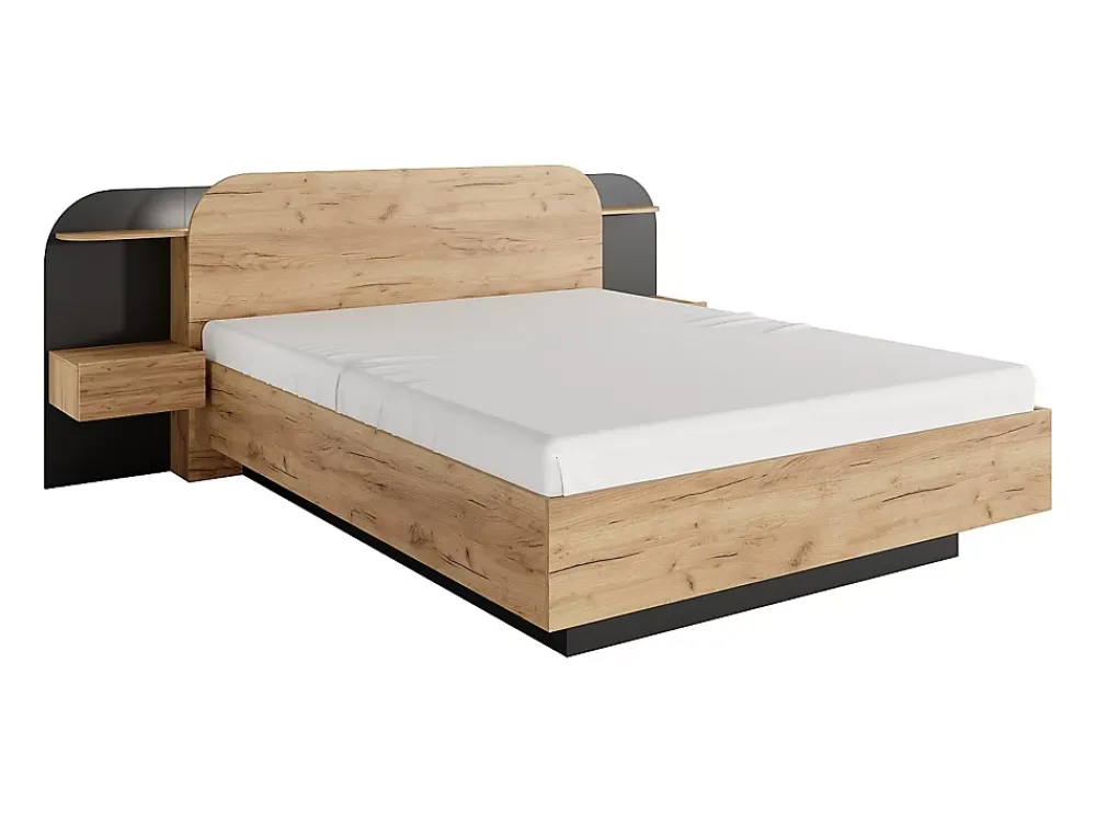 Vente-unique Lit coffre avec chevets 160 x 200 cm - Avec LEDs - Coloris : Naturel et noir - JUVISIA* Lit Coffre