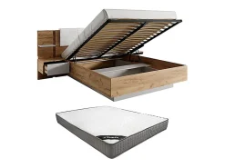 Lit coffre avec chevets 160 x 200 cm - Avec LEDs - Coloris : Naturel et blanc + Matelas - ELYNIA>Vente-unique Hot