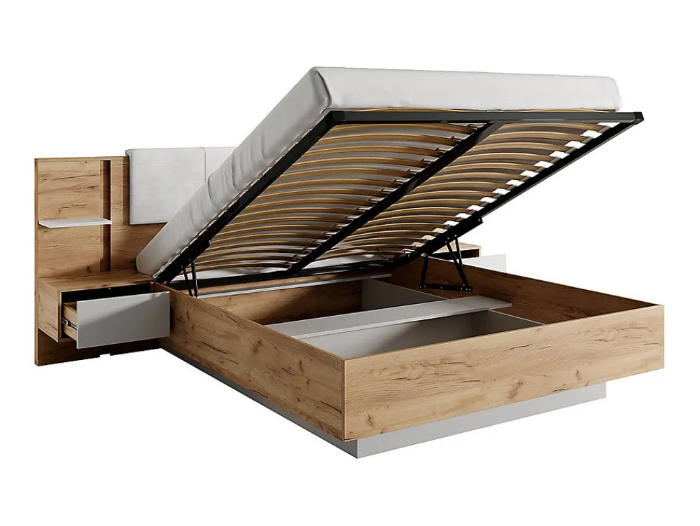 Lit coffre avec chevets 160 x 200 cm - Avec LEDs - Coloris : Naturel et blanc + Matelas - ELYNIA>Vente-unique Hot